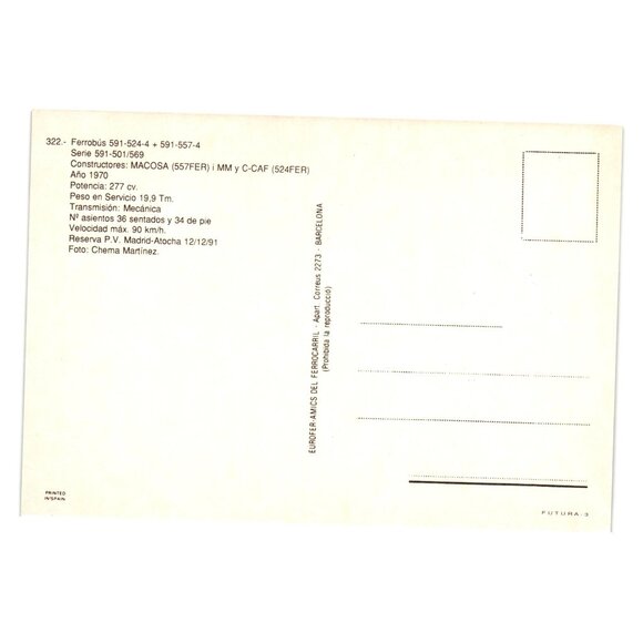 Ferrobus 591-524-4 591-557-4 Series 591-501/569 Vintage Printed Postcard Spain - Picture 2 of 2